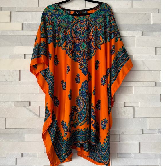 STUDIO EY NWOT KAFTAN Dashiki Pullover One Size Orange Turquoise Gold Festival - Picture 1 of 5